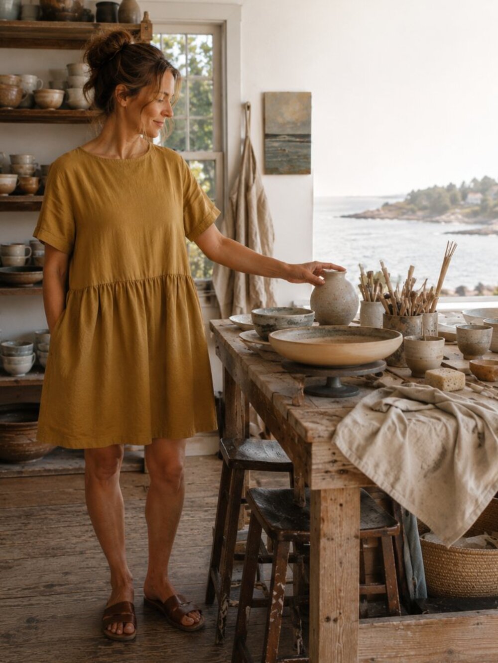 Tradlands Nico Linen Tencel Dress XS Noelle Tobacco Midi Pocket Capsule Dress